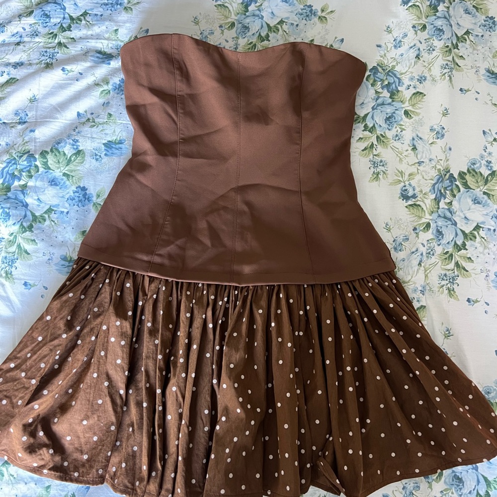 Sky to Moon Brown Strapless Polka Dot Dress (Perfect for Rush)